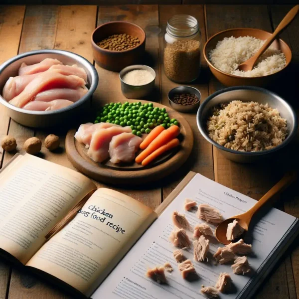 Chicken Dog Food Recipe on some plates and books