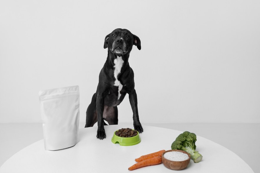 Dog Food Recipes for Small Dogs on a table and a black dog ready toh eat those food