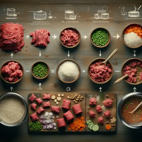 beef and other Ingredients are on some pots for making Ground Beef Dog Food Recipe