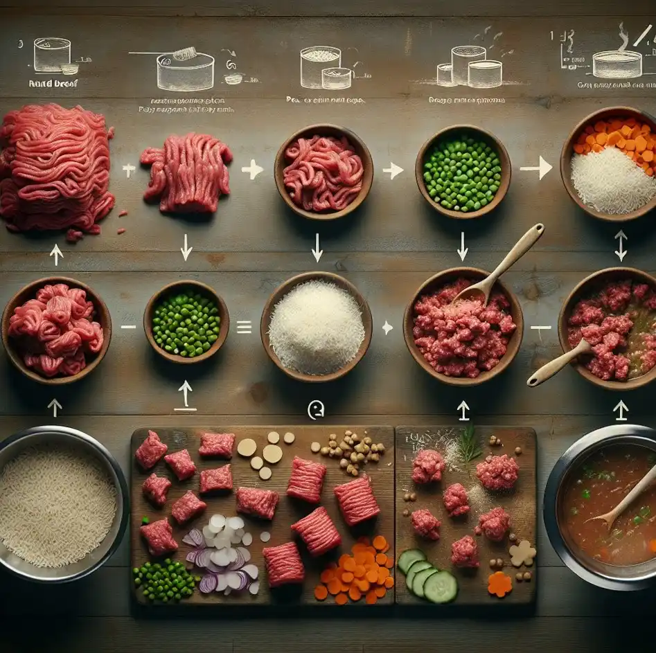 beef and other Ingredients are on some pots for making Ground Beef Dog Food Recipe