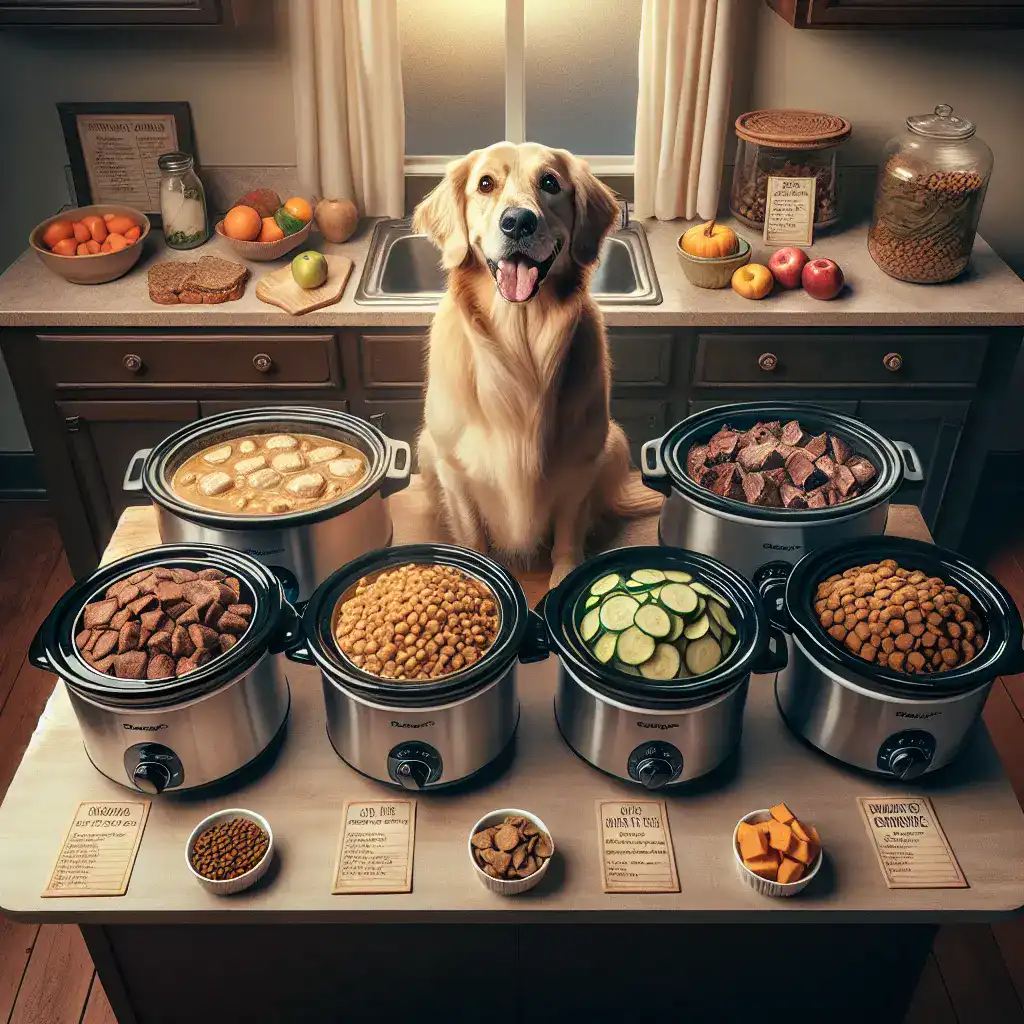 Some Homemade Crockpot Dog Food Recipes and a dog sitting on the desk.