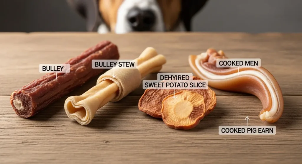 Alternative dog treats including bully stick and dental chew