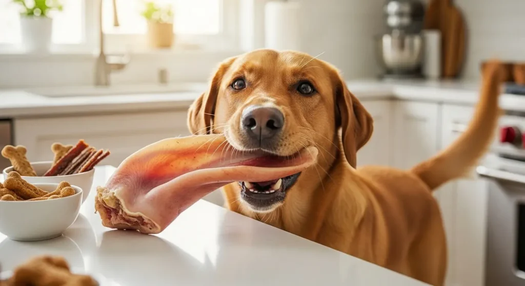 Happy Labrador chewing a raw pig ear in a kitchen