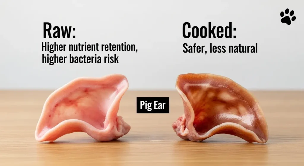 Comparison of raw vs. cooked pig ears for dogs.